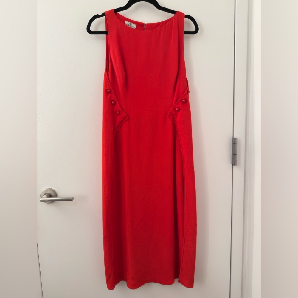 Vintage 1980s Valentino Boutique Red Side Bead Midi Dress Size 10 Sleeveless